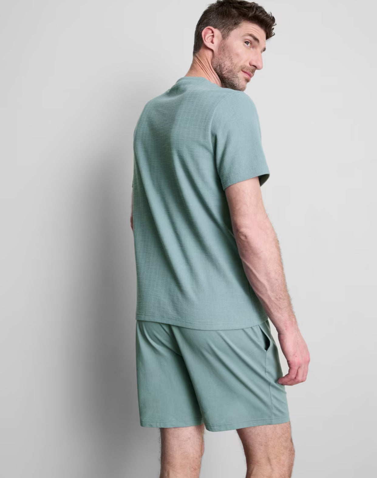 A textured pyjama set with short sleeve tee and drawstring shorts