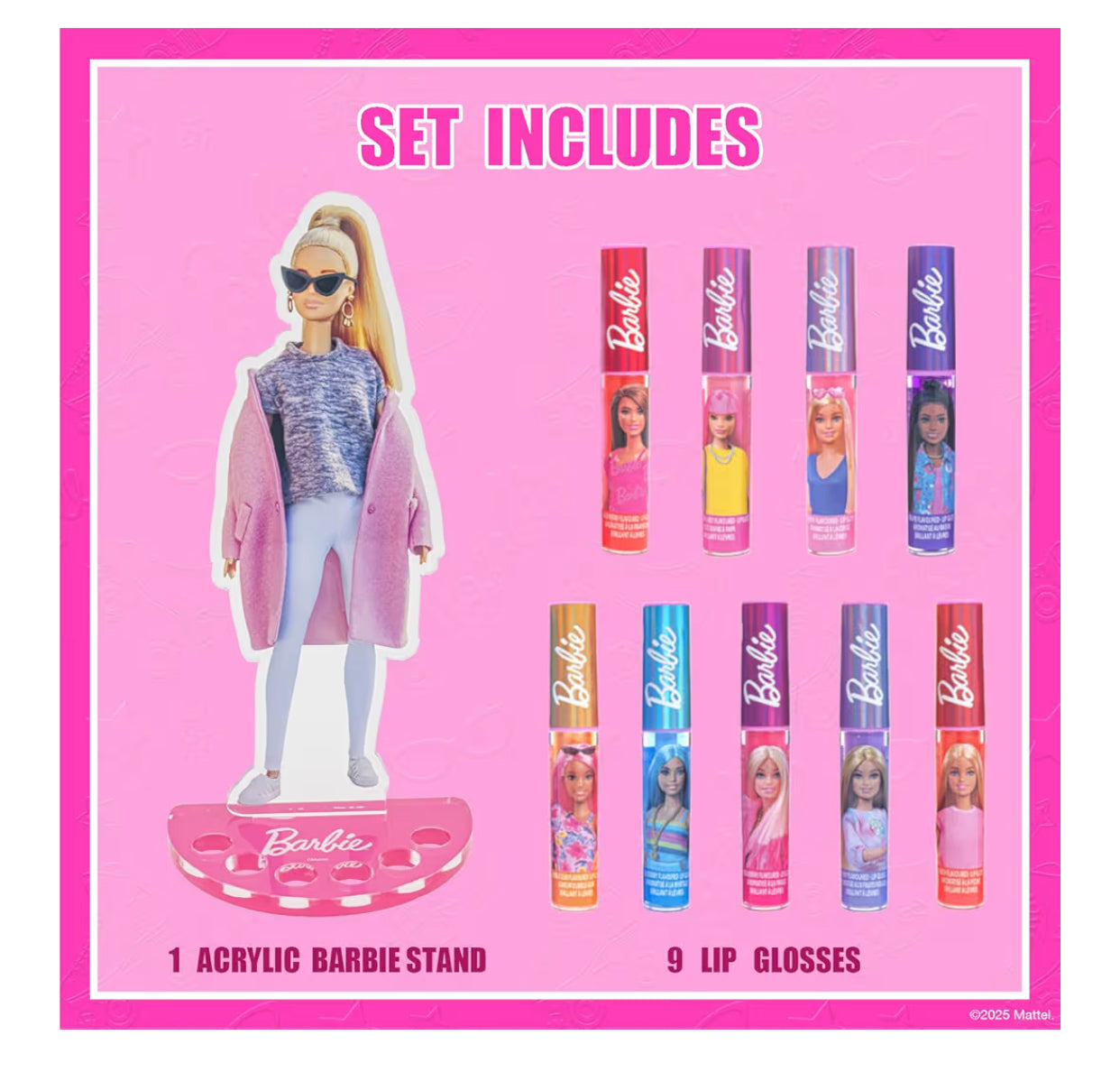 Barbie 11 Pc Lip Gloss Set Plant Based With Acrylic Stand