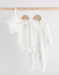 White Baby Sleepsuit, Bodysuit, Beanie and Bib Set 4 Piece