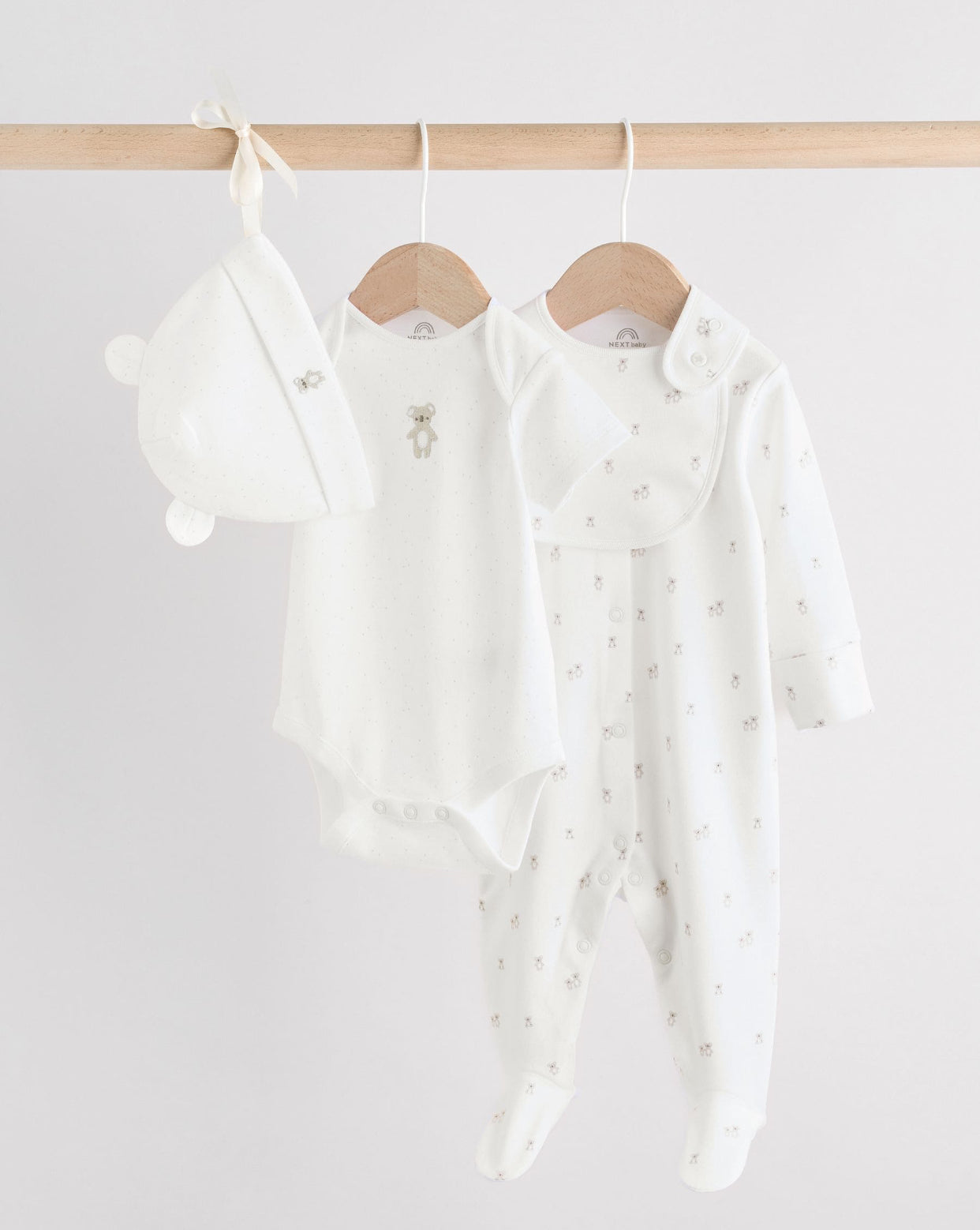White Baby Sleepsuit, Bodysuit, Beanie and Bib Set 4 Piece