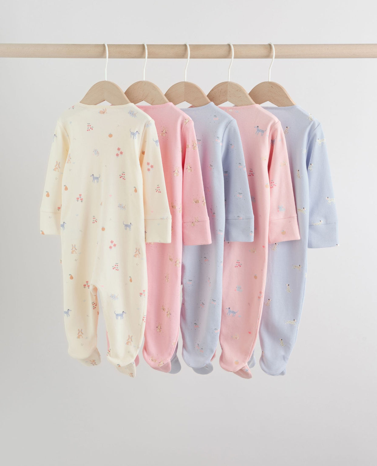 Multi Pastel Character 5 Pack Two Way Zip Baby Sleepsuits