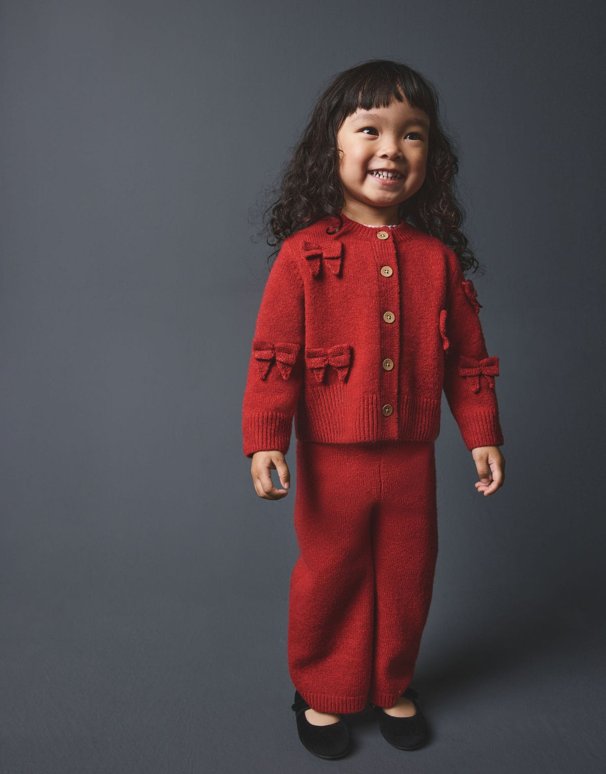 Red Bow Embroidered Cardigan and Trousers Set