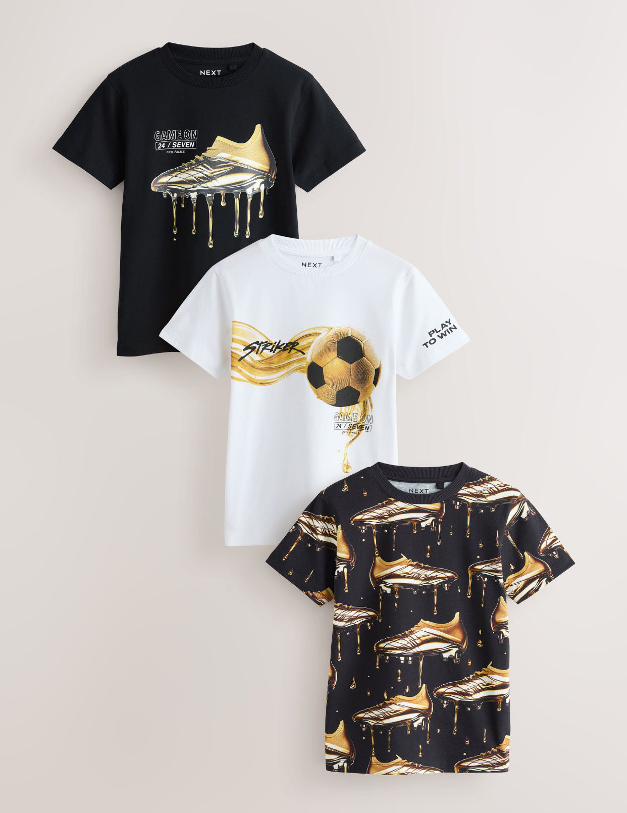 Black/Gold/White Regular Fit Graphic Print Short Sleeve T-Shirts 3 Pack