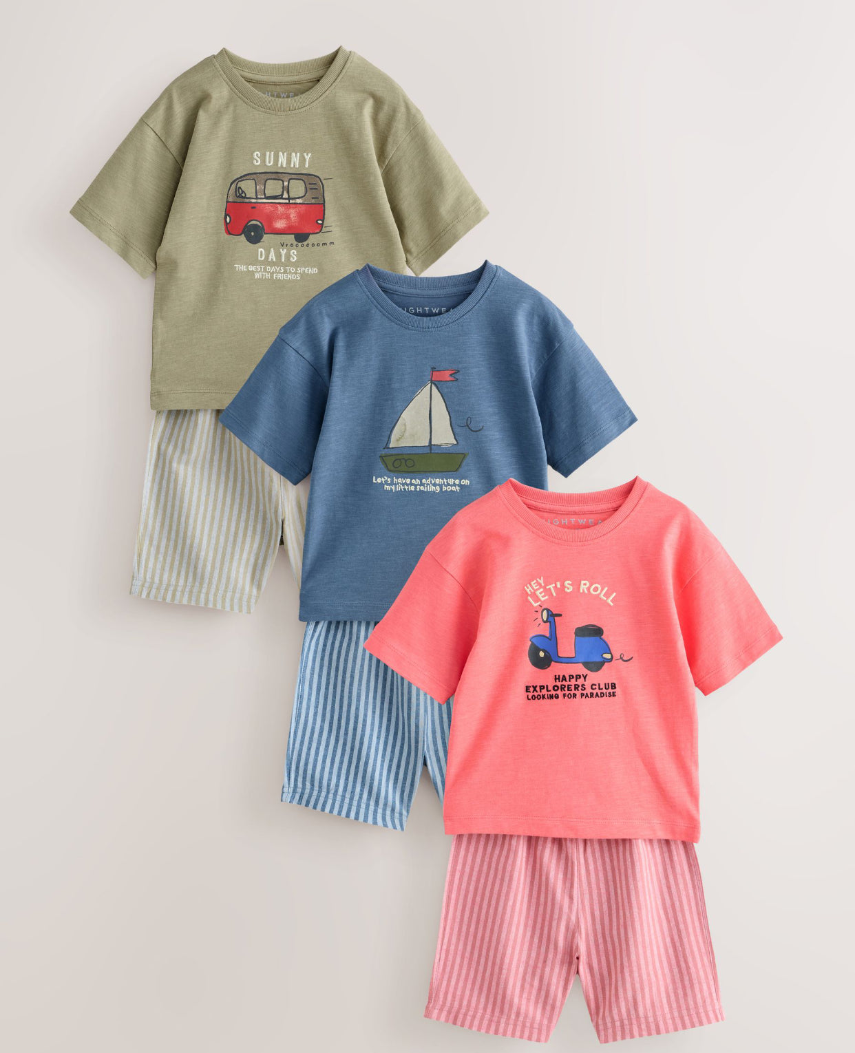 Blue/Green/Coral Transport Short Pyjamas 3 Pack