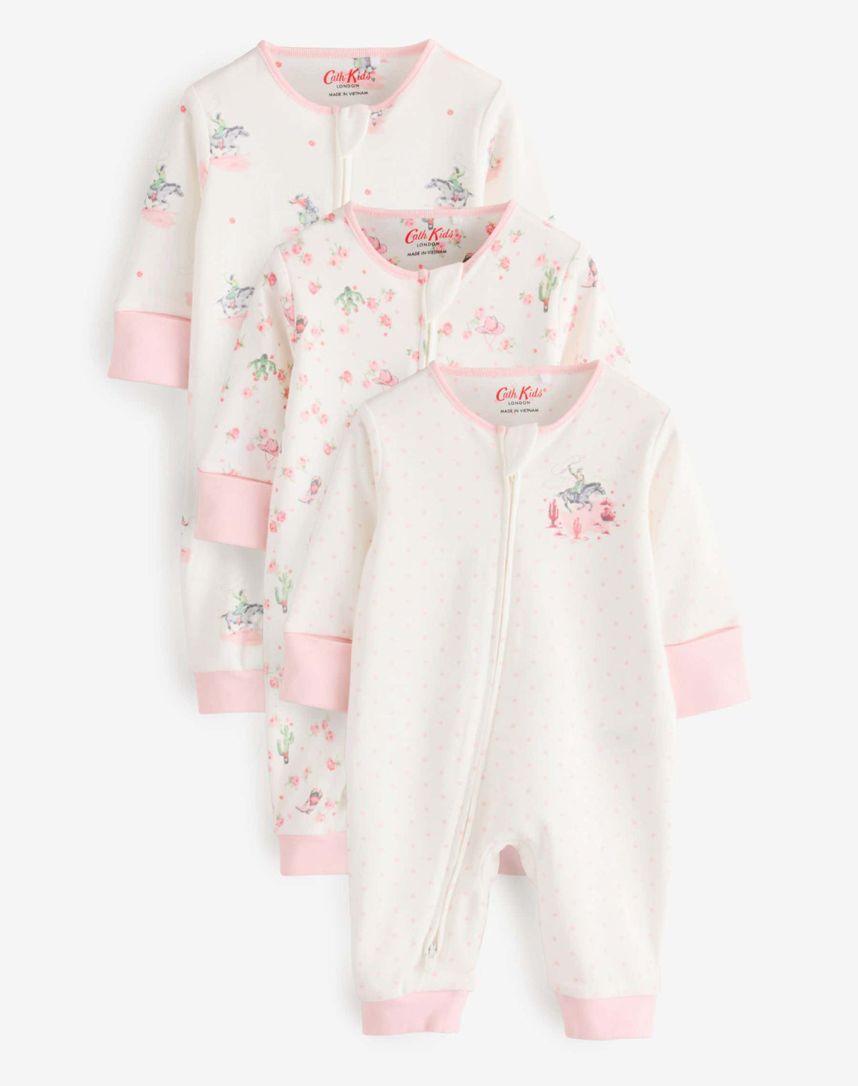 Pink/White Cath Kidston Floral Baby 100% Cotton Sleepsuits 3 Pack