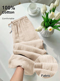 [100% Cotton] Women's Printed Drawstring Wide Leg Loose Pants