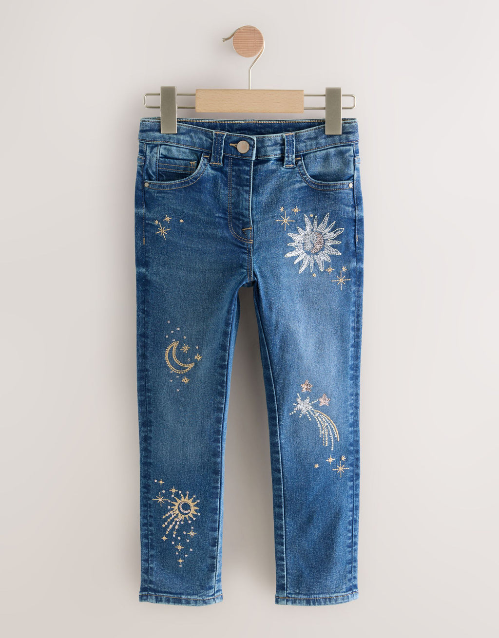 Mid Blue Skinny Fit Floral Embroidered Straight Leg Jeans