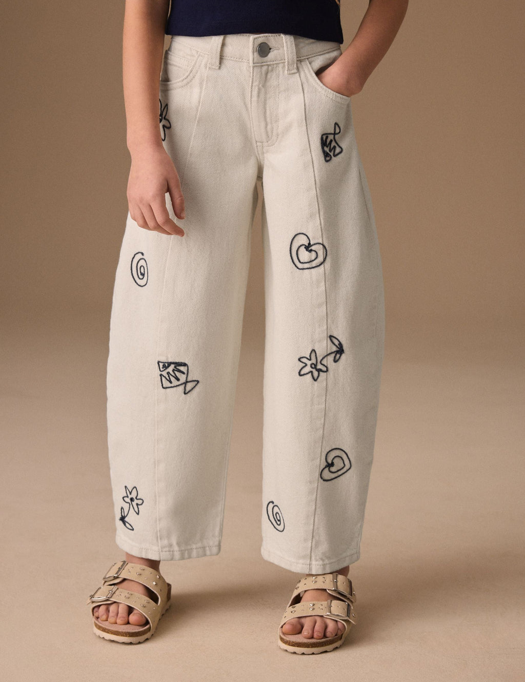 Ecru Embroidery Barrel Leg Jeans