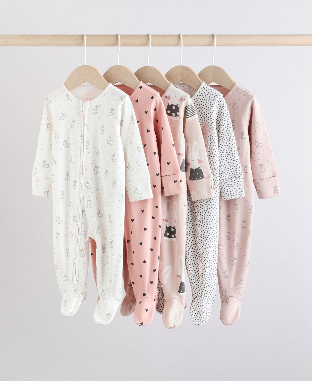 Brown/Cream 5 Pack Two Way Zip Baby Sleepsuits
