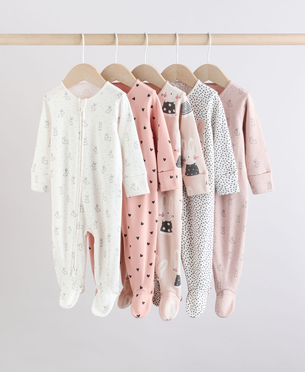Brown/Cream 5 Pack Two Way Zip Baby Sleepsuits