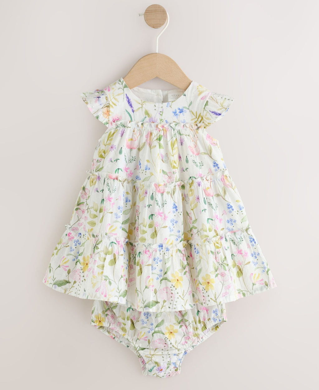 White Floral Baby Tiered Woven Dress and Knickers Set 2 Piece