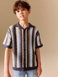 Blue Textured Crochet Knitted Polo Shirt