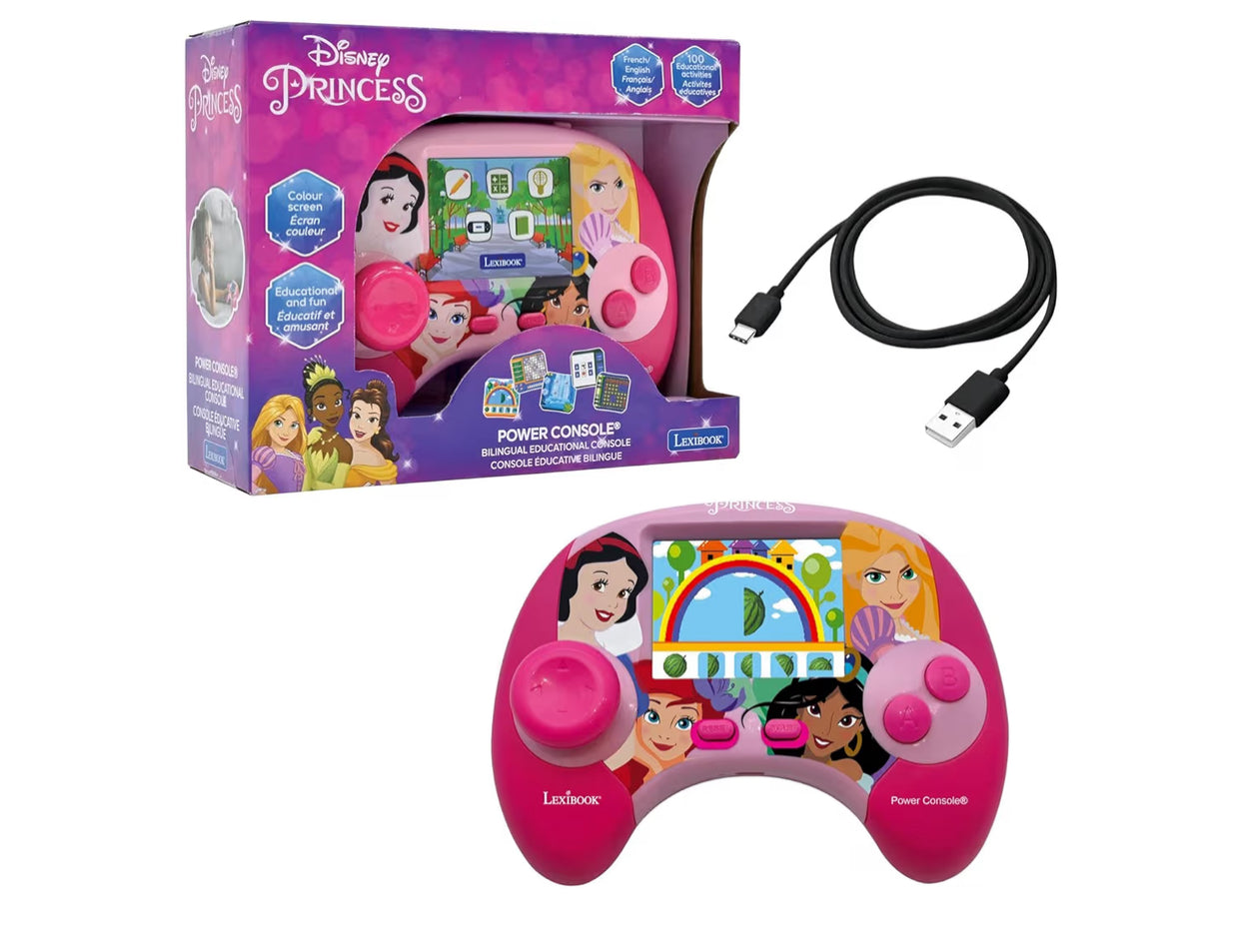 LEXIBOOK, Disney Princess, Power Console®, Bilingual educational game console with 100 activities, French/English