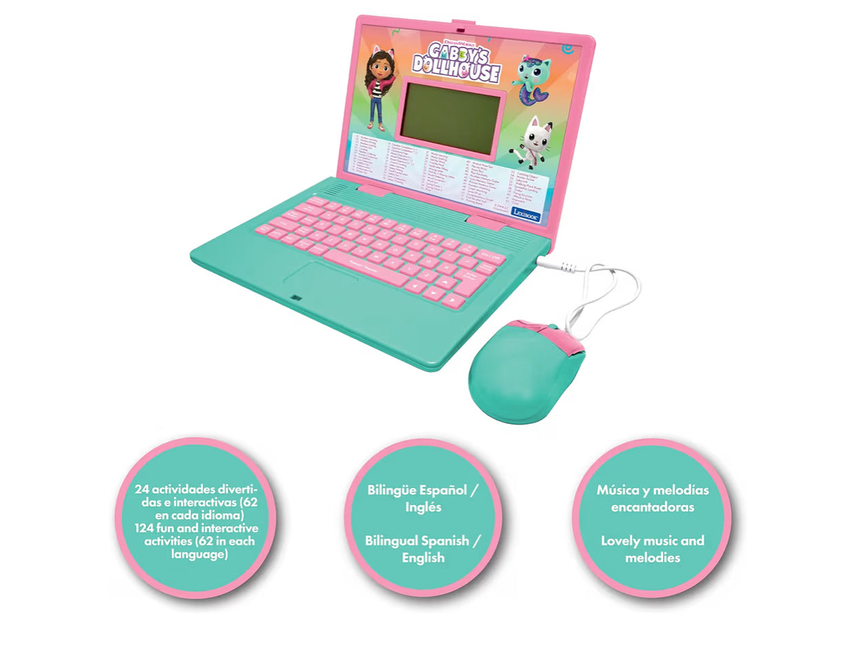 LEXIBOOK, Gabby's Dollhouse, Bilingual ENGLISH/SPANISH Educational computer, Toy for children with 124 language, writing, maths, logic, music activities and games