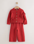 Red Bow Embroidered Cardigan and Trousers Set