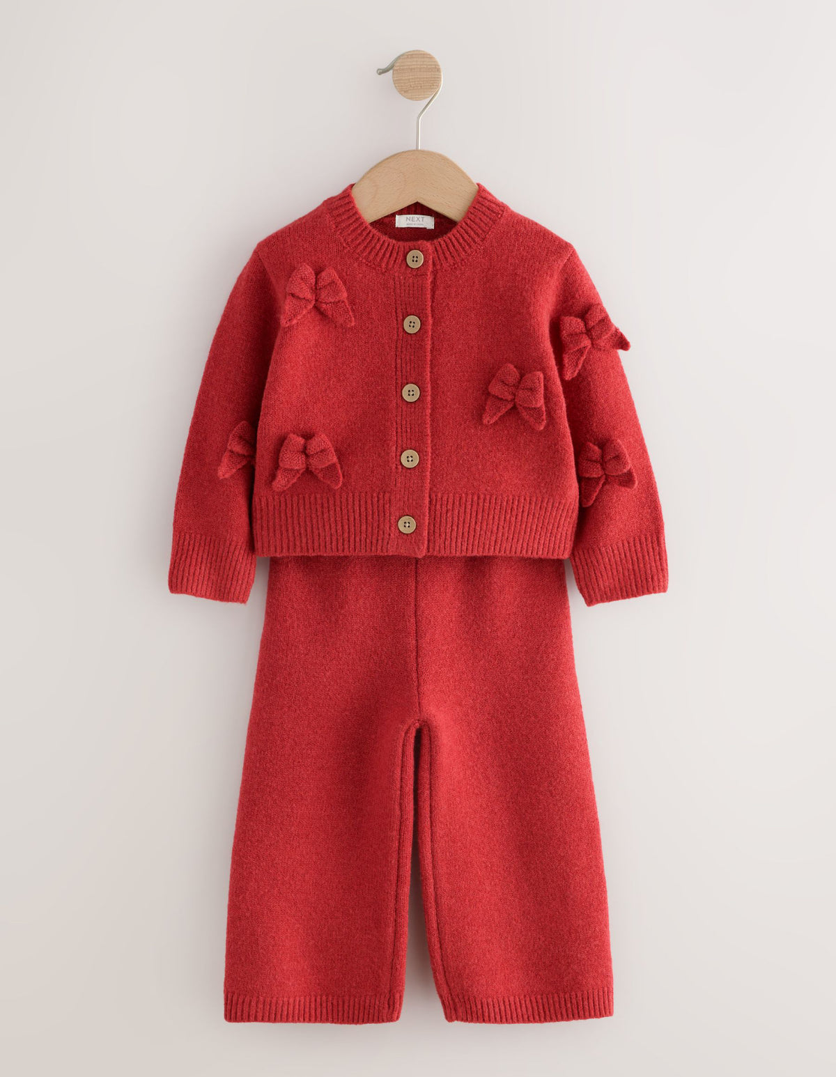 Red Bow Embroidered Cardigan and Trousers Set