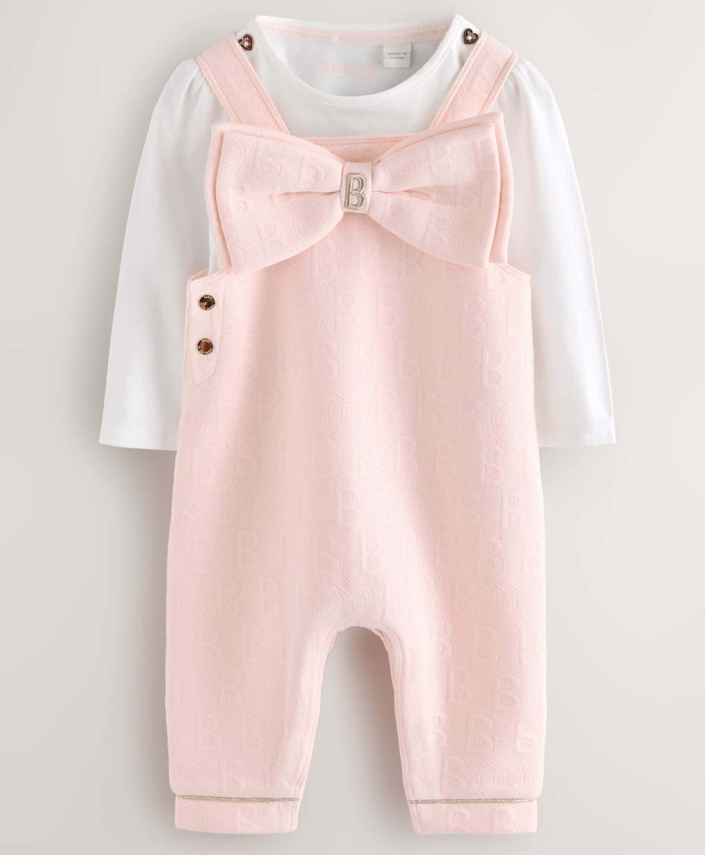 Baker by Ted Baker Pink Jacquard Bow Dungarees & T-Shirt Set