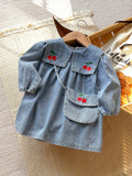 Baby Girl Spring/Summer Embroidered Cherry Long Sleeve Denim Dress