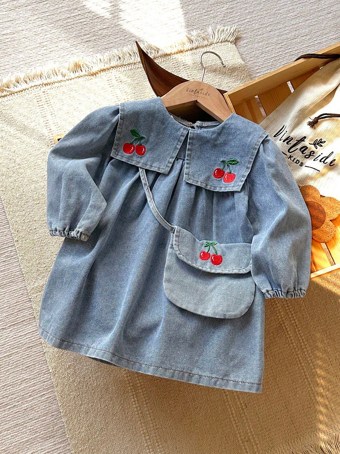 Baby Girl Spring/Summer Embroidered Cherry Long Sleeve Denim Dress
