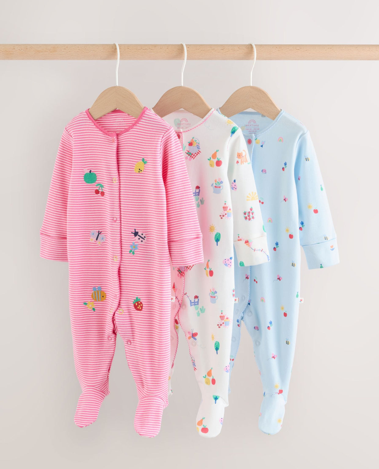 Pink/White/Blue Fruit Baby Sleepsuits 3 Pack