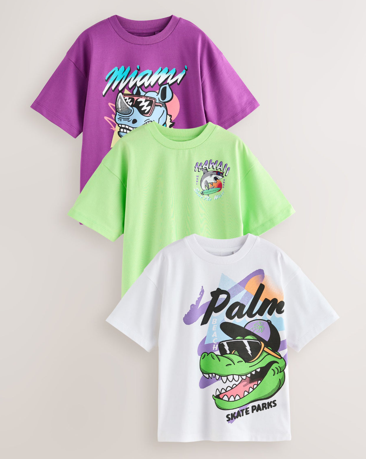 Purple/Green/White Relaxed Fit Graphic Print Short Sleeve T-Shirts...