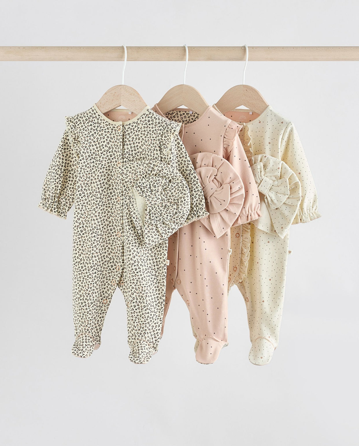 Pink 3 Pack Baby Sleepsuits with Matching Turbans