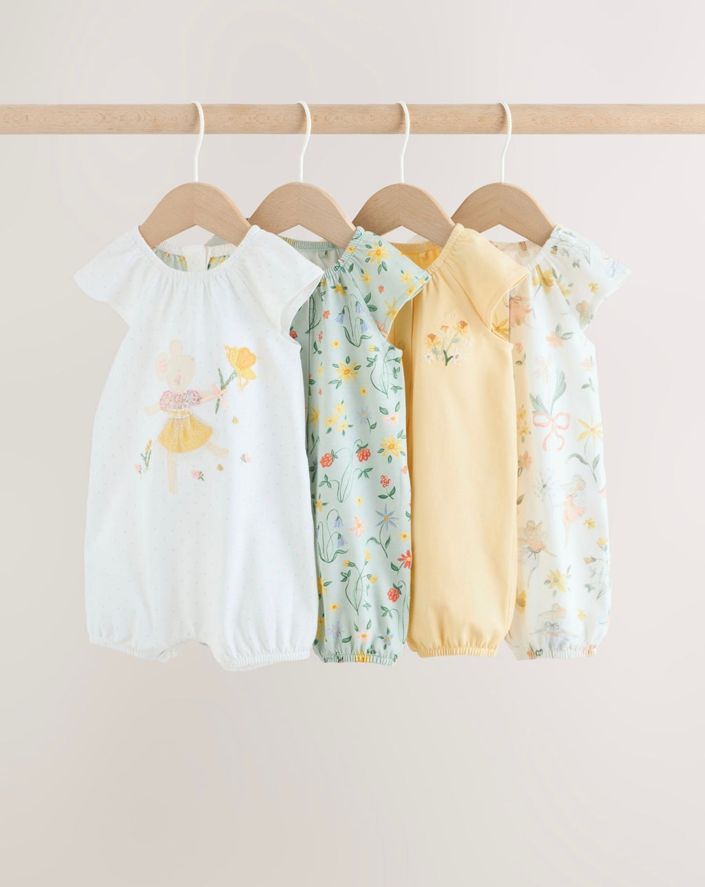 Yellow and Blue Floral Fairy Mouse 4 Pack Jersey Baby Rompers 4 Pack