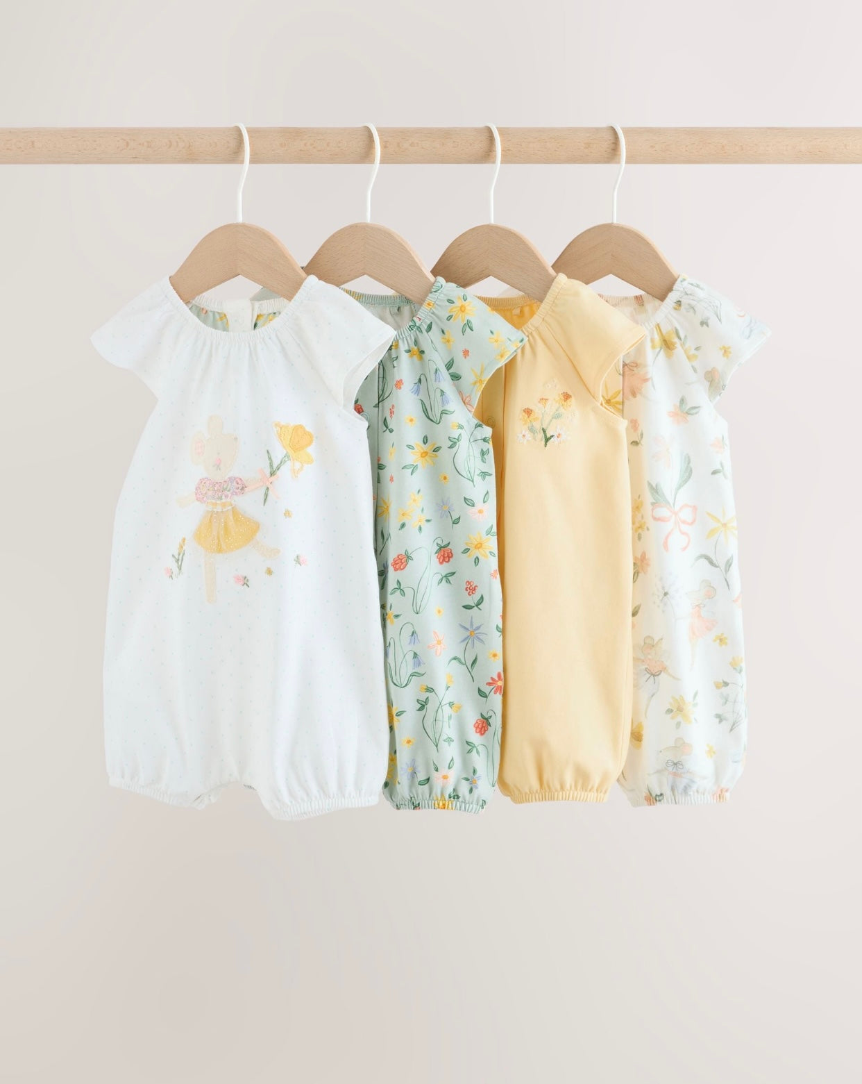 Yellow and Blue Floral Fairy Mouse 4 Pack Jersey Baby Rompers 4 Pack