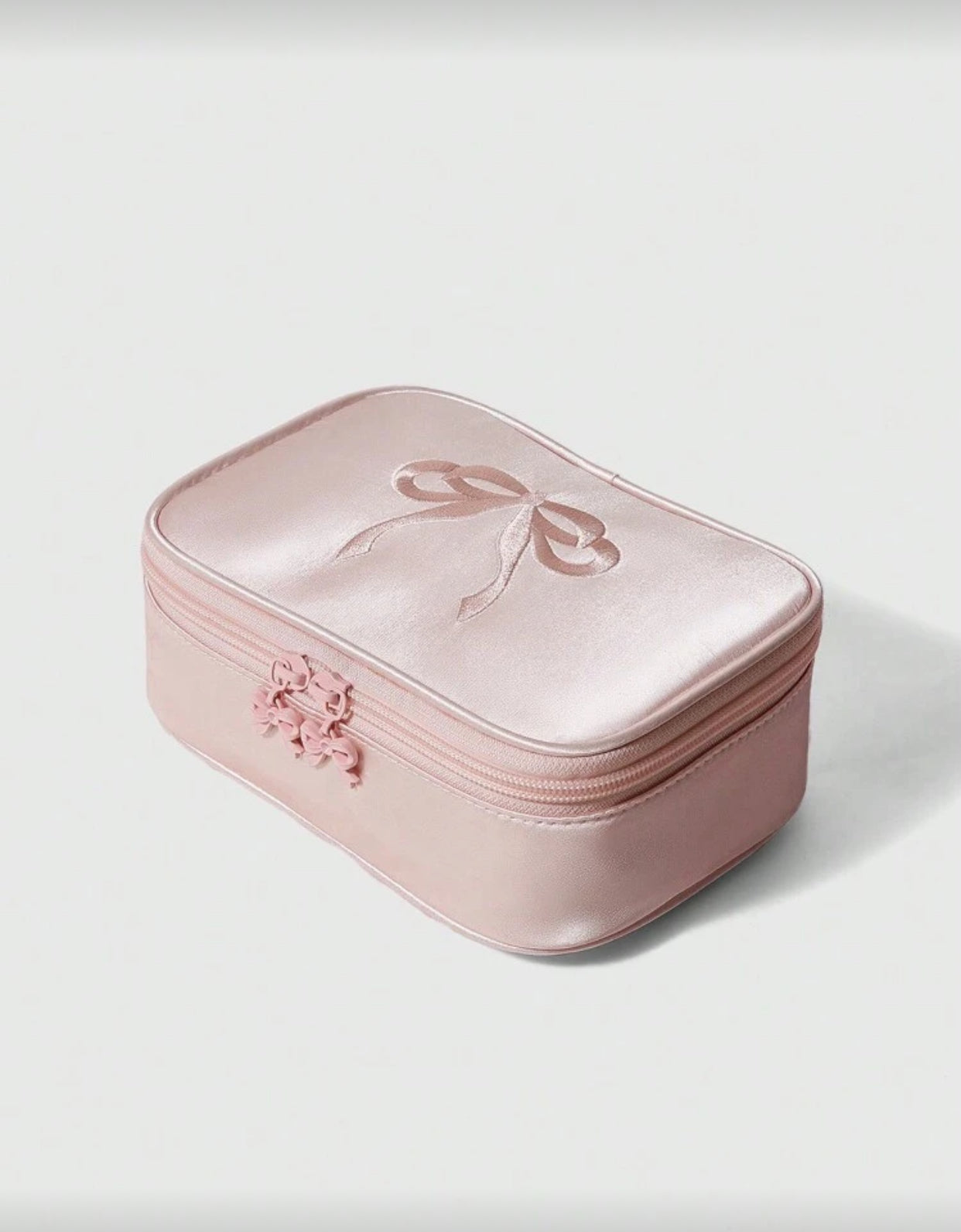 Satin Fabric Embroidered Bow Makeup Bag (immediate)