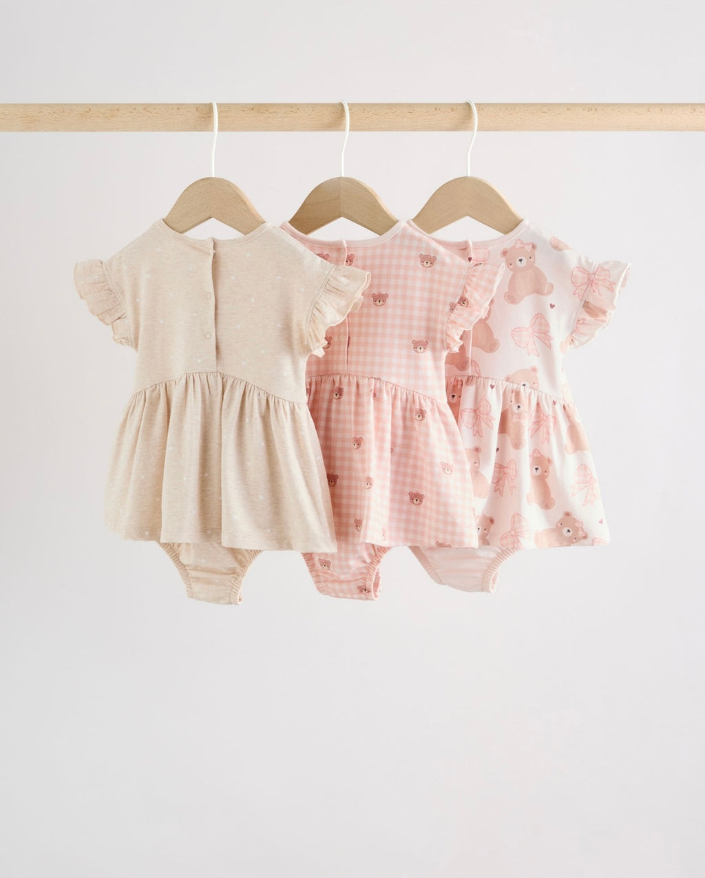 Pink Bear Embroidered Jersey Baby Rompers 3 Pack