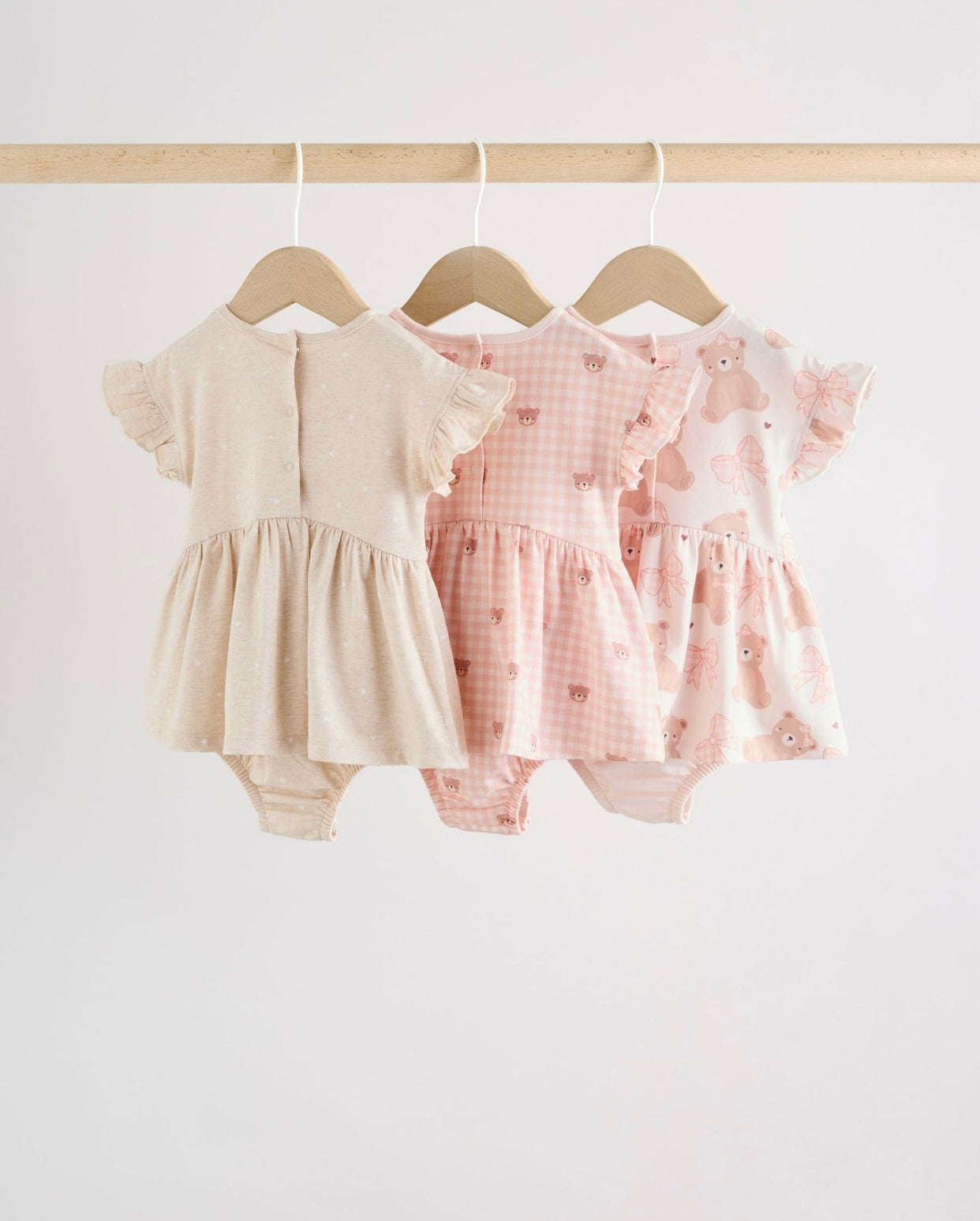Pink Bear Embroidered Jersey Baby Rompers 3 Pack