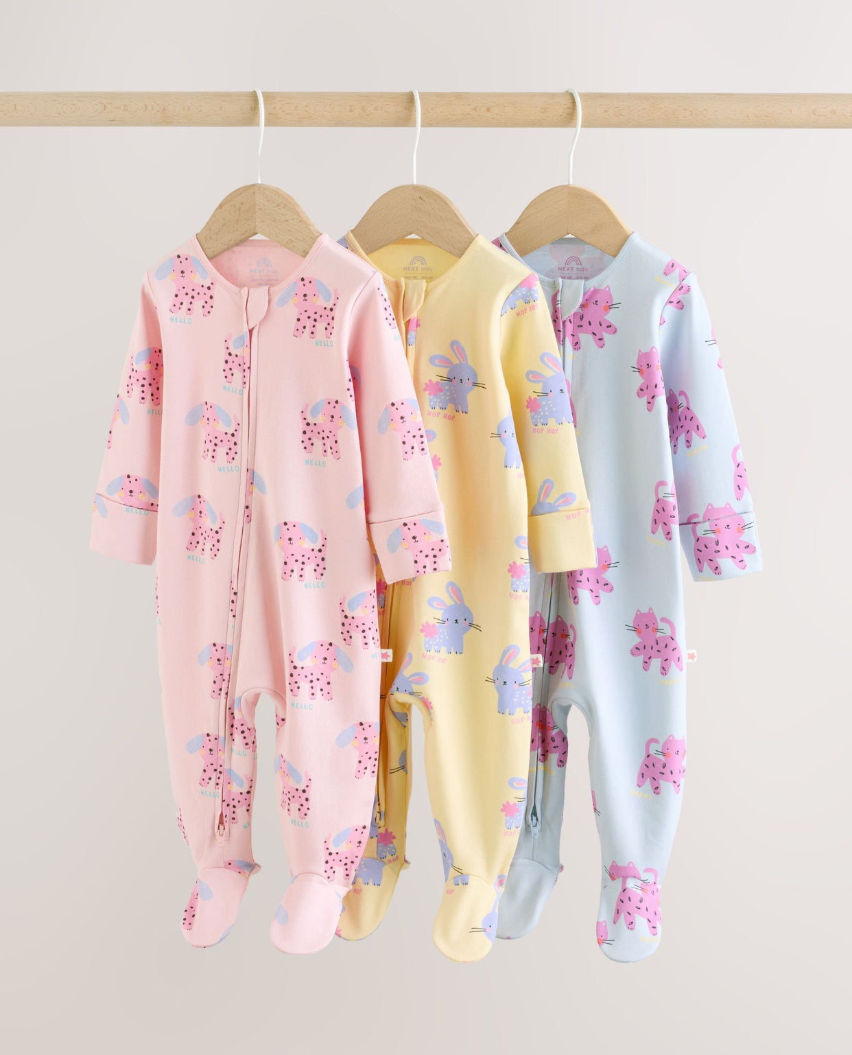 Pink/Yellow character Two Way Zip Baby Sleepsuits 3 Pack