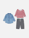 A long-sleeved tee, denim shirt and trousers clothing set