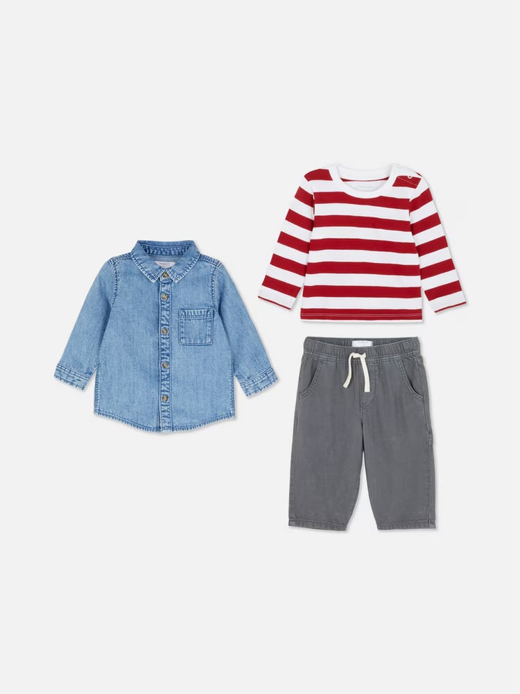 A long-sleeved tee, denim shirt and trousers clothing set