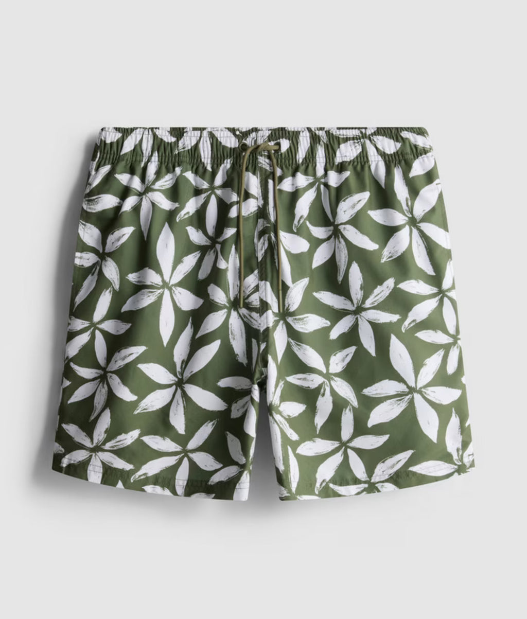A pair of floral swimming shorts with drawstring waistline, pockets, and inner mesh lining