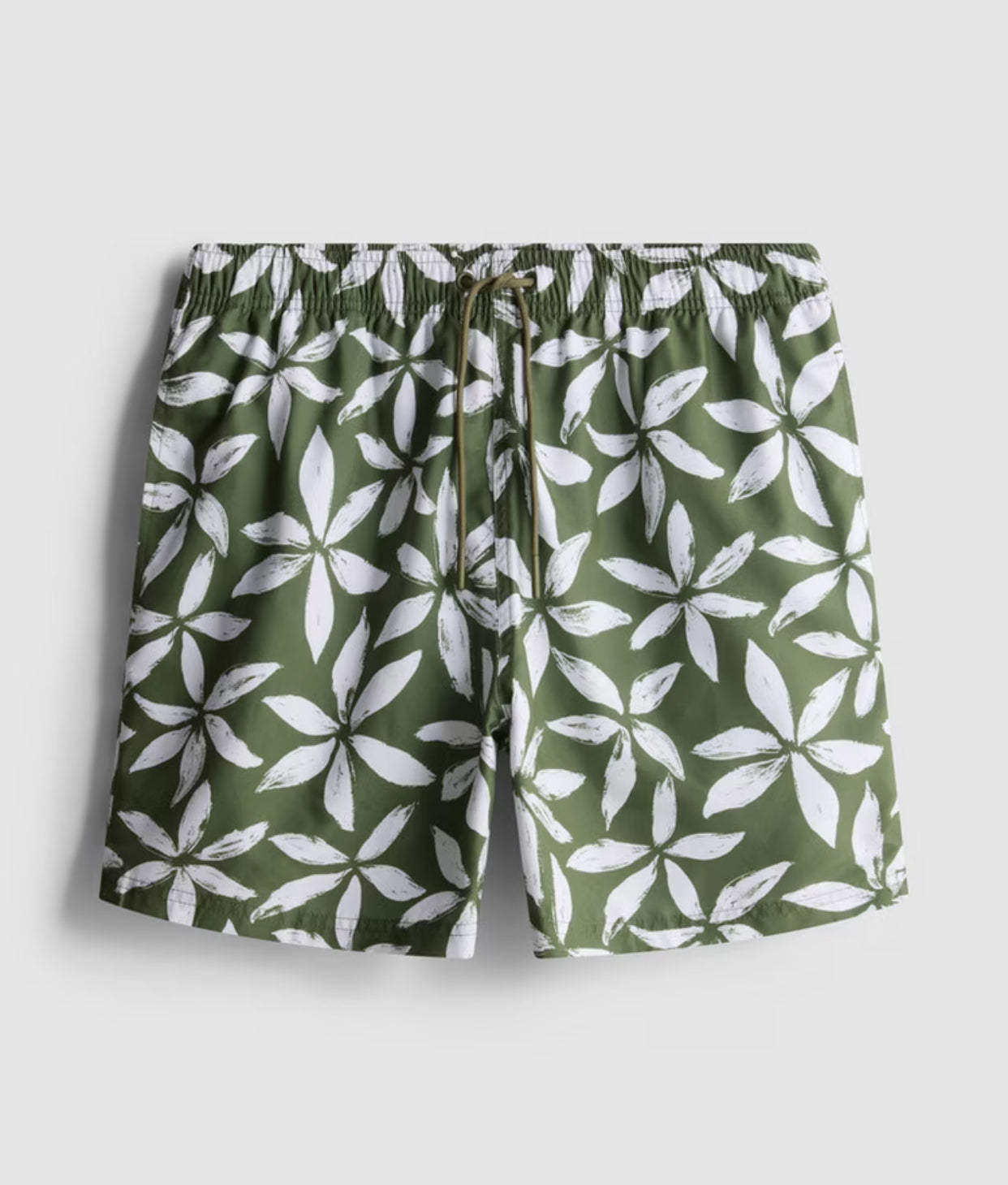 A pair of floral swimming shorts with drawstring waistline, pockets, and inner mesh lining