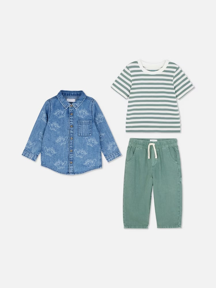 T-Shirt, Joggers and Dinosaur Denim Shirt Set (immediate)