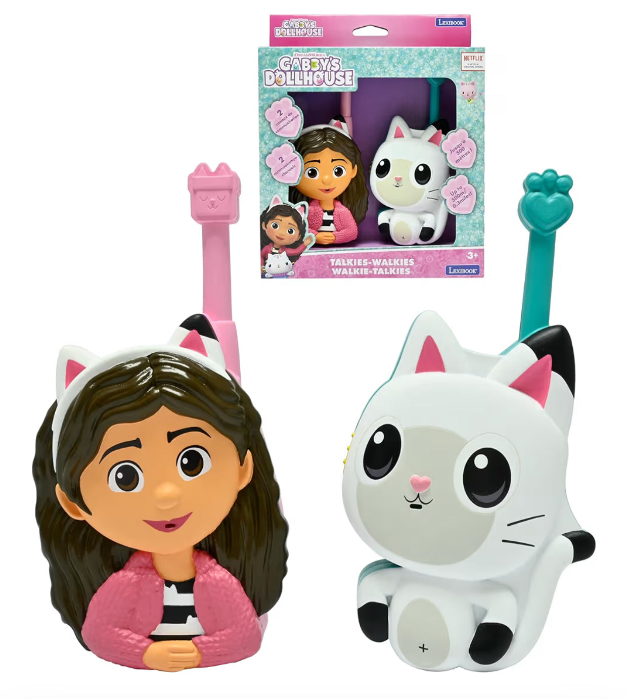 Gabby's Dollhouse, 3D Walkie-Talkies, Range 500m, 2 communication channels, Belt clip, Pink/Green