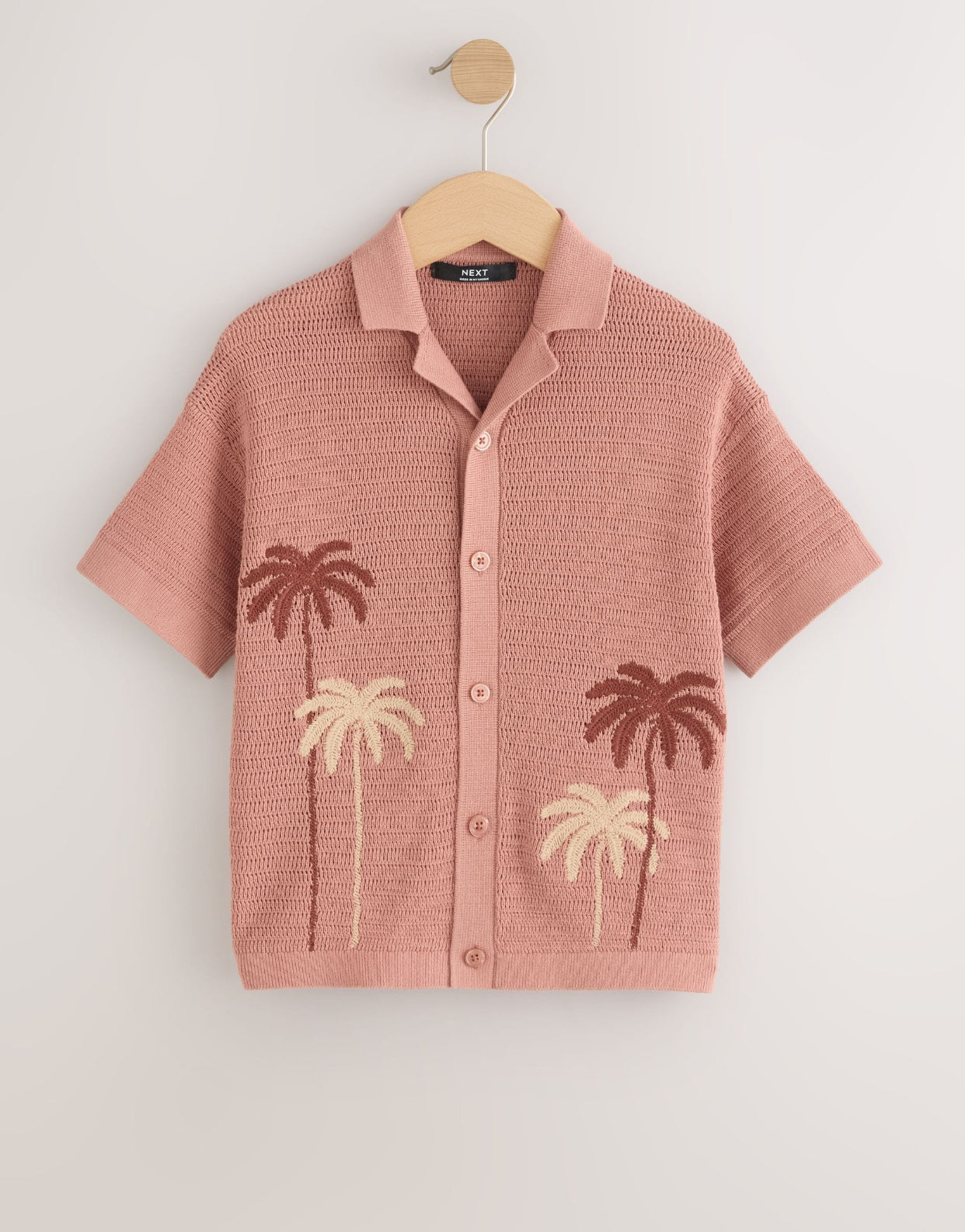 Dusky Pink Palm Embroidered Knitted Polo Shirt