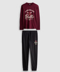 A pair of long pyjamas with top, bottoms and Chicago Bulls logo design