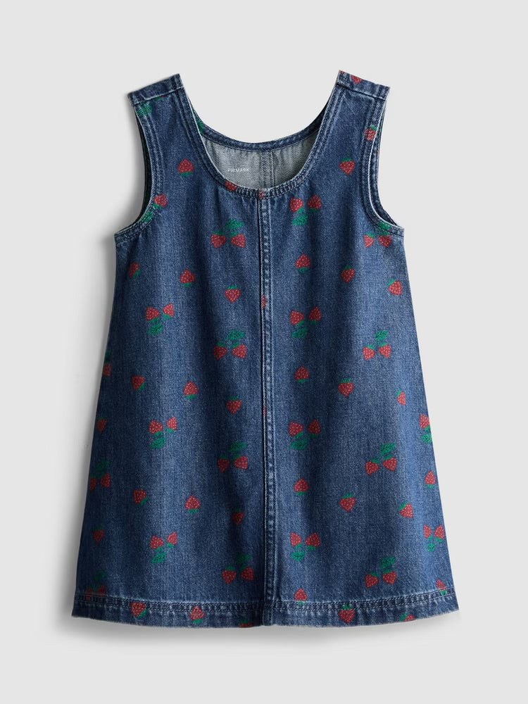 Strawberry Printed Denim Pinafore Dress