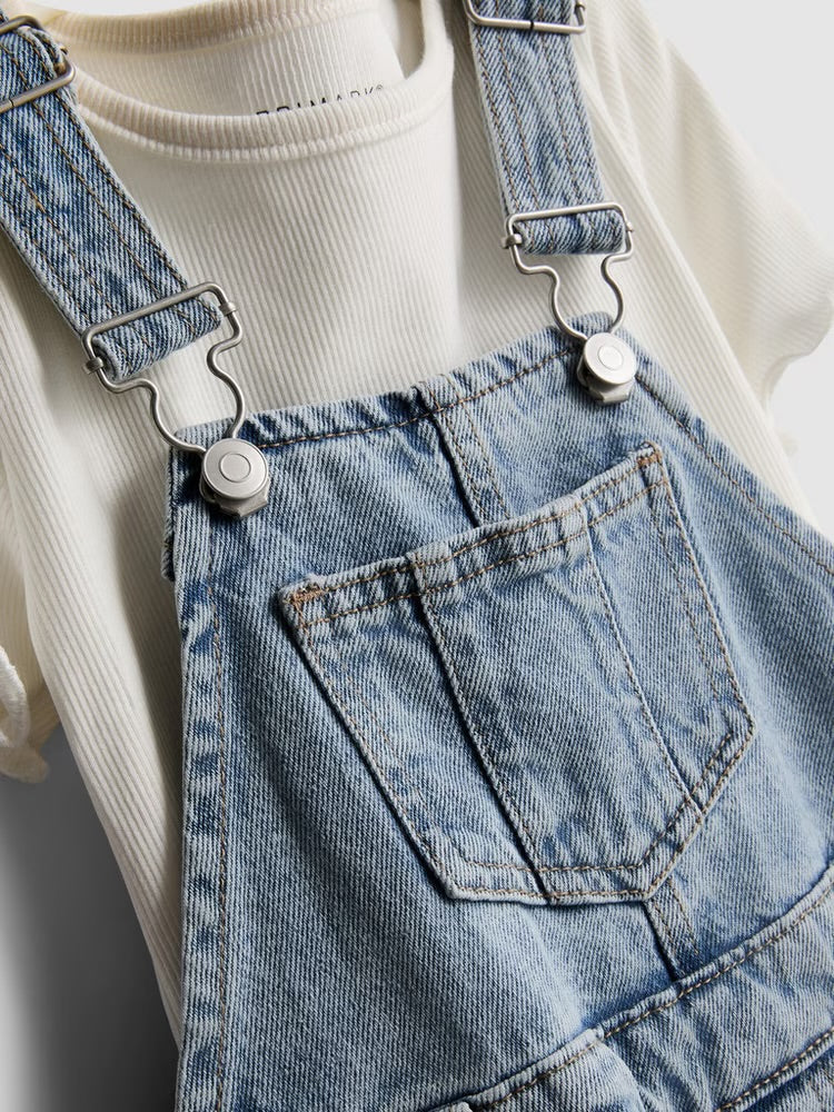 Ribbed T-Shirt and Barrel Leg Denim Dungarees Set