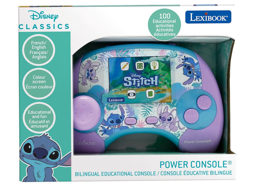 LEXIBOOK, Disney Stitch Power Console® - Educational bilingual game console with 100 activities in English/French