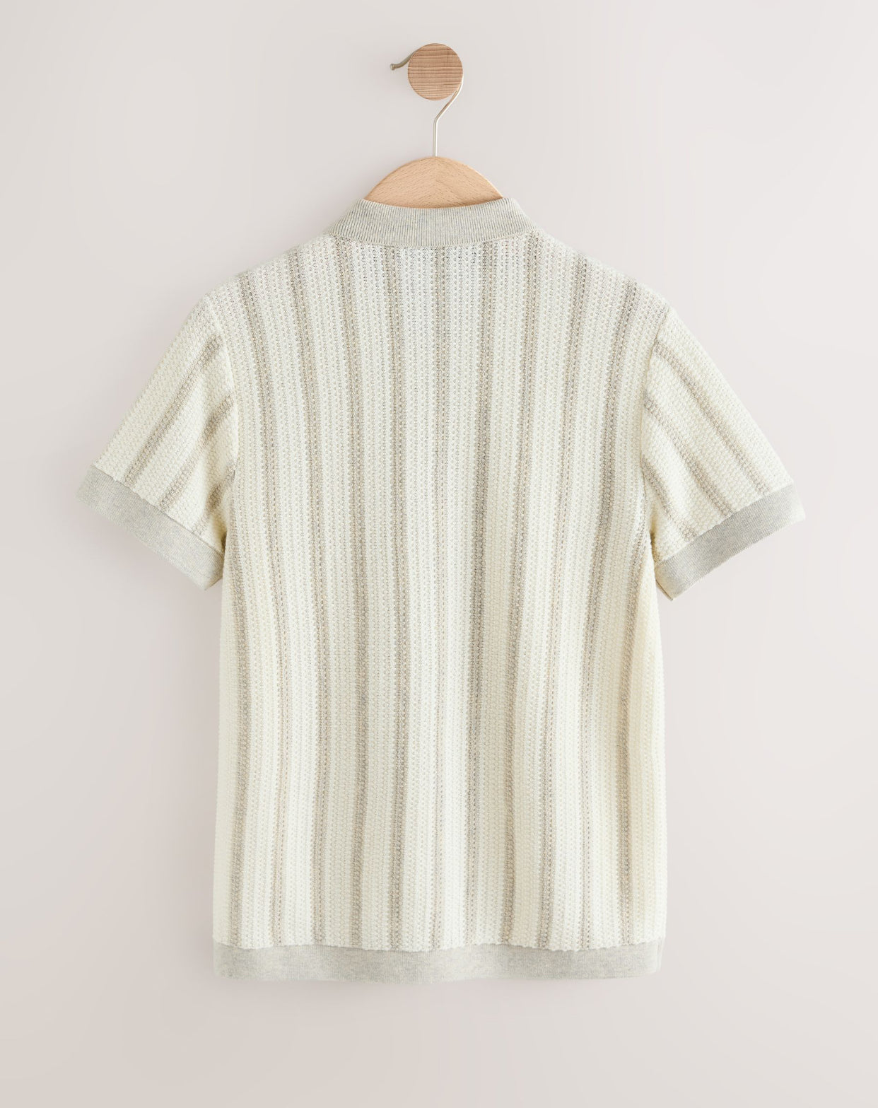 Grey/White Stripe Knitted Zip Through Polo Shirt