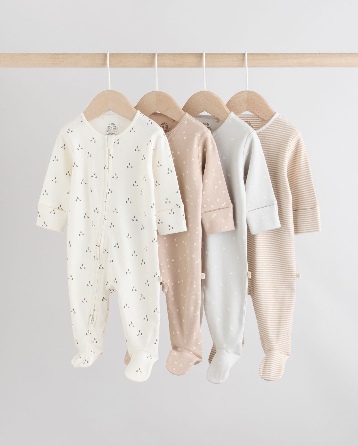 Cream 4 Pack Two Way Zip Baby Sleepsuits
