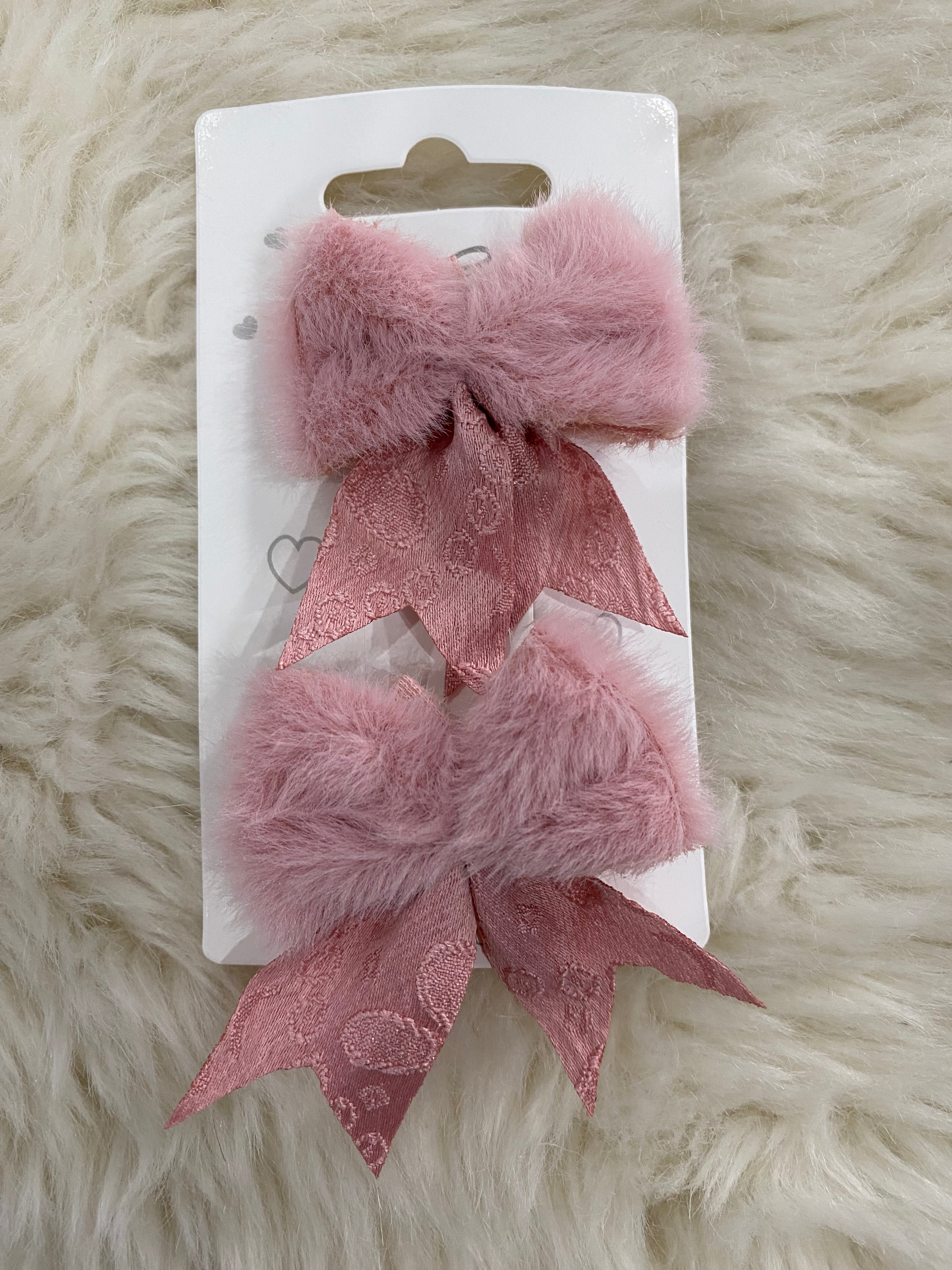 2pcs pink Fuzzy Bow Hair Clips