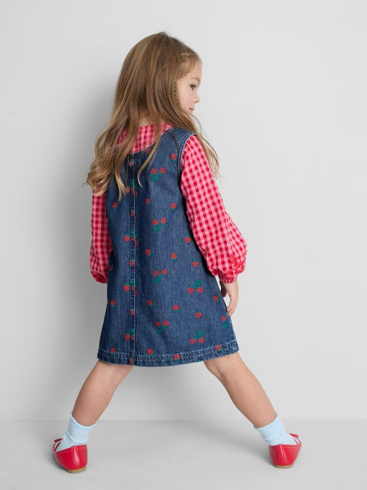 Strawberry Printed Denim Pinafore Dress