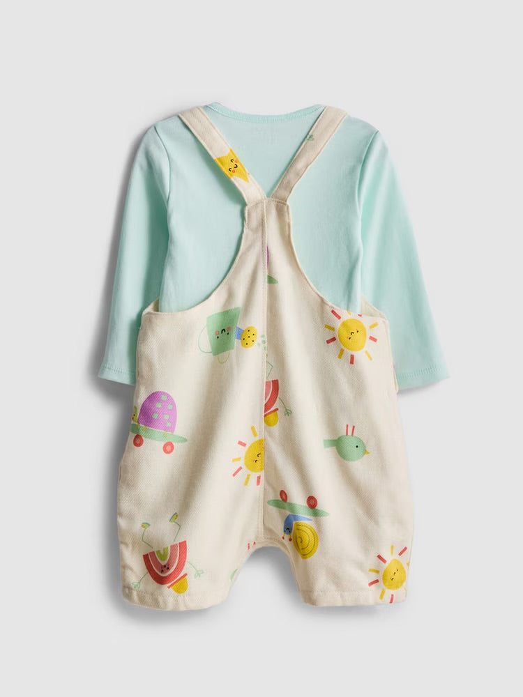 Long Sleeve Bodysuit and Printed Dungarees Newborn Set