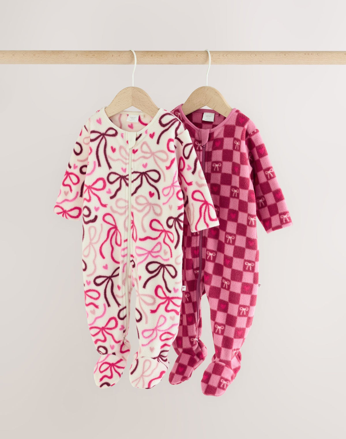 Pink/Red Bow Micro Fleece Two Way Zip Baby Sleepsuits 2 Pack