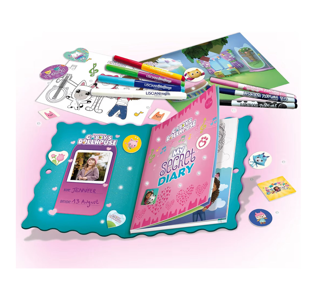 GABBY'S DOLLHOUSE My Secret Diary - Diary with Padlock and Keys Scented Felt Pens, Stickers & Gems Included